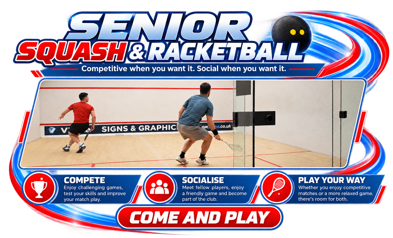 Senior squash and racket ball 